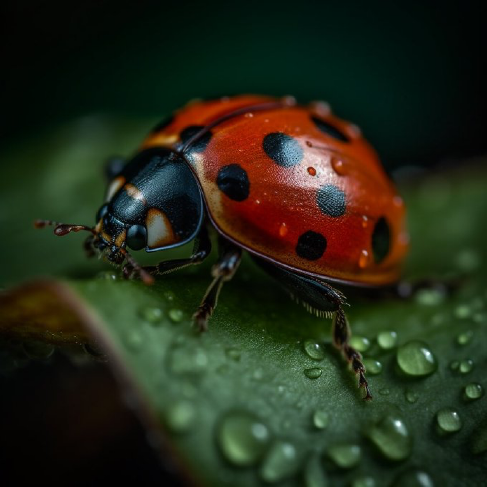 a bright red ladybug on a green leaf, macro shot, shot with Hasselblad, perfect lighting, extreme detailed, extremely realistic --s...