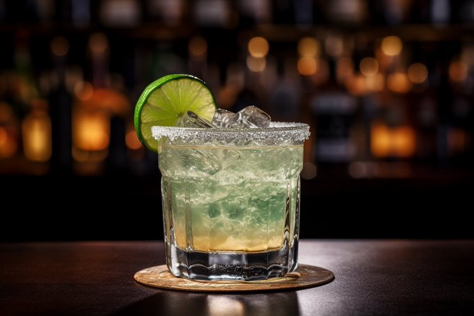 a mouth - watering shot of a classic margarita cocktail, garnished with a slice of lime and a salt rim,...