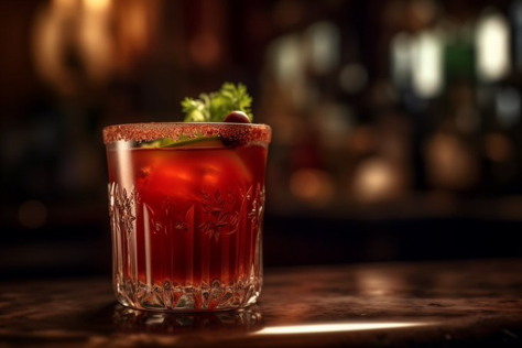 a mouth - watering shot of a classic red Mary cocktail, garnished with olives celery and cilantro, set against a...