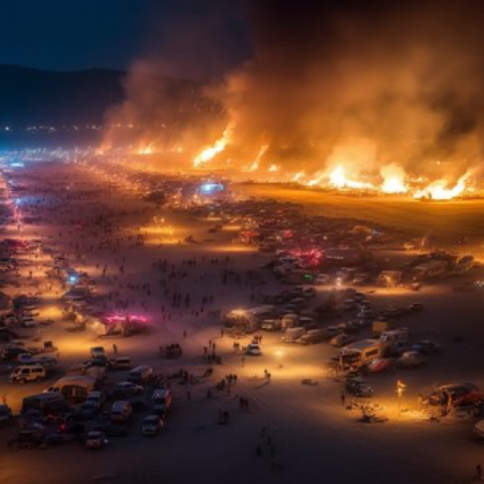 (Midjourneyv5) IMAGE: aerial | GENRE: drone photo | MOOD: surreal | SCENE: A drone shot of the Burning Man celebration...