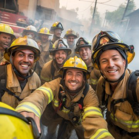 In the heat of a massive firefighting operation, a group of brave firefighters pause briefly amidst the roaring flames and...
