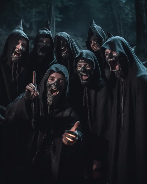A group of sinister cultists, dressed in dark robes and performing an eerie ritual in the background, pause to take...