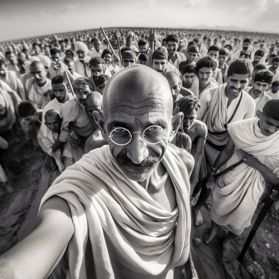 a stirring and poignant selfie of Mahatma Gandhi leading the Salt March in India in 1930, with a diverse group...