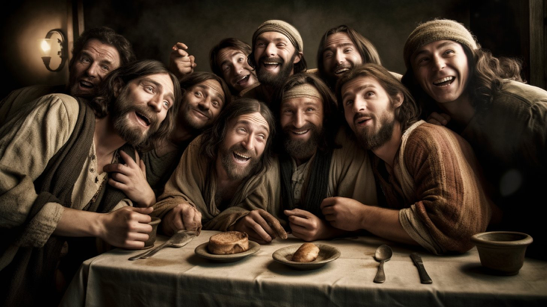 photo of a lighthearted selfie taken by Jesus at the Last Supper with a happy group of disciples all smiling...