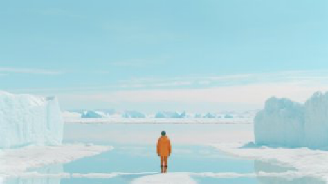 [Explorer looking at Icebergs] from window, in the style of Wes Anderson, J.J.Abrams, neoclassical symmetry, stage-like environments, [Arctic Vistas], MinimalCore,...