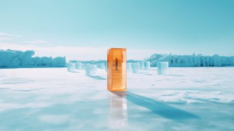 Orange ice sculpture standing in blue ice landscape, close up shot, in the style of Wes Anderson, J.J.Abrams, neoclassical symmetry,...