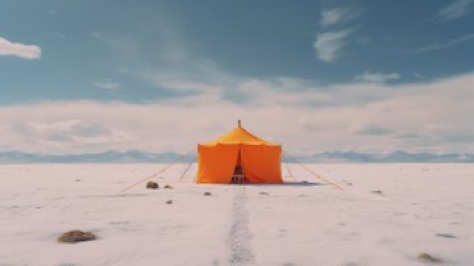 orange tent standing in ice desert, cinematic shot, in the style of Wes Anderson, J.J.Abrams, neoclassical symmetry, stage-like environments, [Arctic...