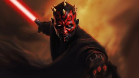 Lenght portrait of a Darth Maul character from Star Wars, Episode 1 the Phantom Menace, in a combat pose with...