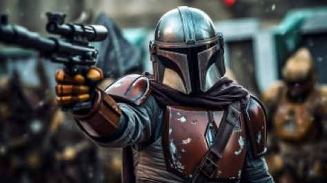 Lenght portrait of a The Mandalorian character from Star Wars, in a combat pose with a laser pistol,on a planet...