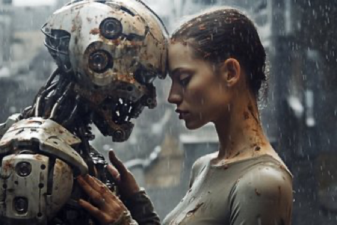 two cyborg actors::2 Oscar-winning special effects and cinematic photography still::1.5 reveals a poignant moment between two cyborg lovers::1.75 amidst the...