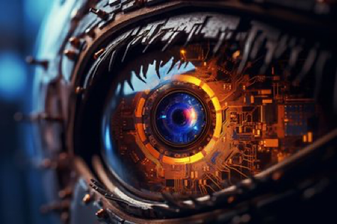 Close-Up Shot, a cybernetic eye of a cyborg scanning its surroundings, vibrant colors, intricate details, cutting-edge technology, high contrast, Captured...