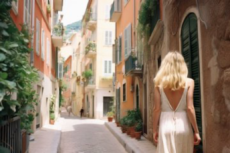 realistic photograph, A woman walks the narrow streets of Monaco&#039;s Old Town, wearing chic sundress, bustling crowds, shot on Kodak...