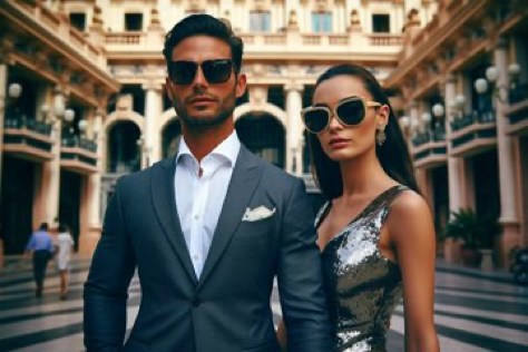 realistic street style photo , 35 mm lens, front of the Monte Carlo Casino, a married couple poses in a...