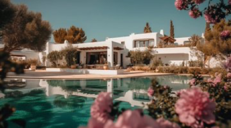 Eye - Level Shot of traditional Blakstad architecture, Ibiza style, huge villa surrounded by large pool and lush garden, symmetrical,...