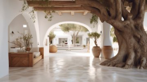 shot of a large white traditional Ibiza Blakstad villa entrance with open huge wooden old door and very big old...