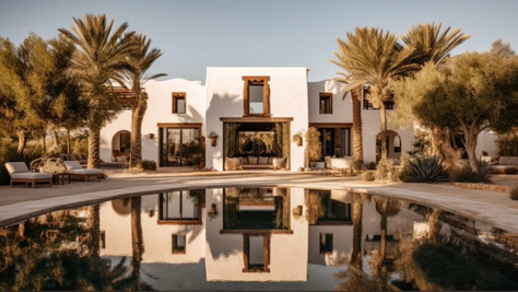 Eye - Level Shot of traditional Blakstad architecture, Ibiza style, huge open traditional Blakstad villa surrounded by large pool and...