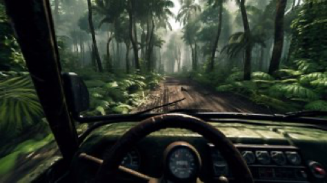 A photo from first person POV, in a high-speed jeep chase through the jungle, showing the character&#039;s hands on the...