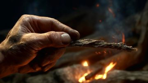 pov with a focus on the character&#039;s hands rubbing a stick to create fire the old way --ar 16:9 --s...