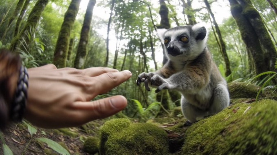 A photo from first person POV, discovering a secret lemur paradise, capturing the character&#039;s hand reaching to pet a lemur,...