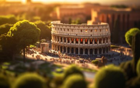 Tilt - shift photography, Rome with the Colosseum in the background, epical sunset, spring time, intricate detail, 4k, Cinematic lighting,...