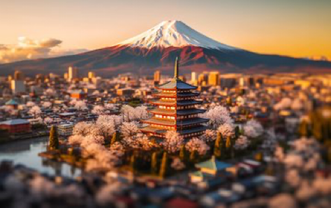 Tilt - shift photography, Tokyo with Mount Fuji in the background, epical sunset, spring time, intricate detail, 4k, Cinematic lighting,...