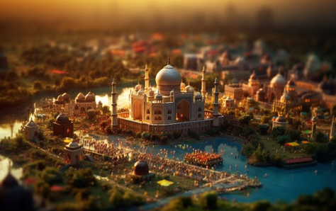 Tilt - shift photography, India with Taj Mahal in the background, epical sunset, spring time, intricate detail, 4k, Cinematic lighting,...
