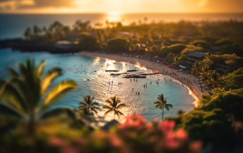 ilt - shift photography, Hawaii, epical sunset, spring time, intricate detail, 4k, Cinematic lighting, realism, , Albert Bierstadt, Photorealistic, extreme...