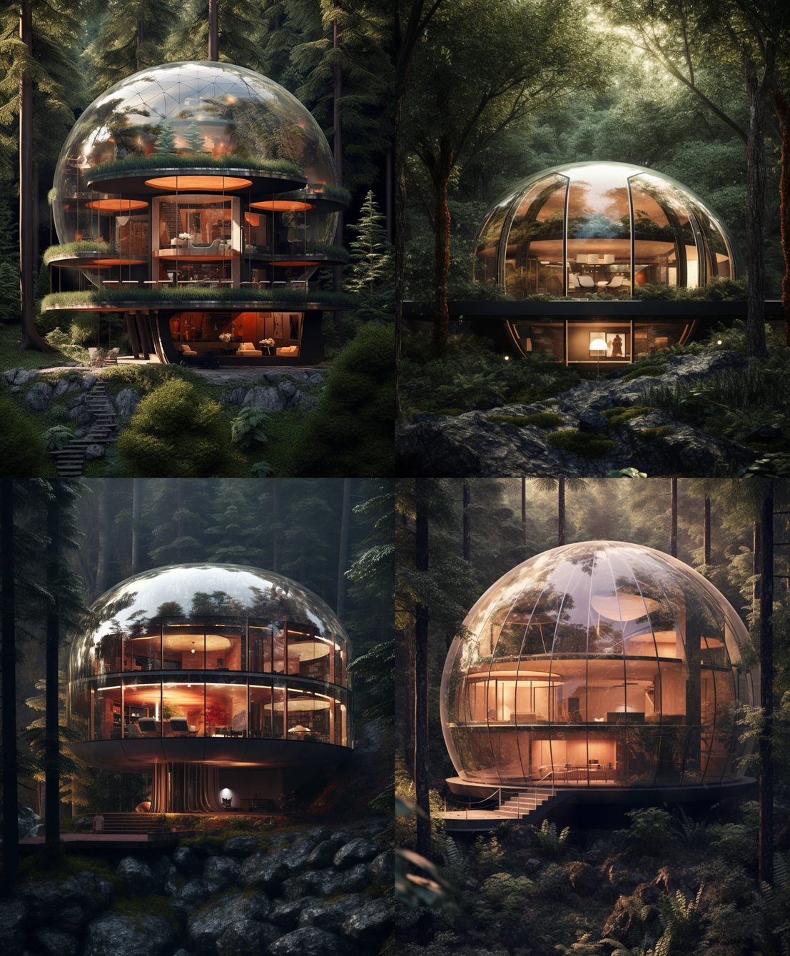a futuristic round home made of glass in a remote forest area, in the style of light amber and light...