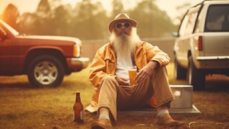 1970s drinking party in Alabama. ZZ-top holding a beer. golden hour. In the style of postmodern portraiture, sepia tone, kodachrome,...