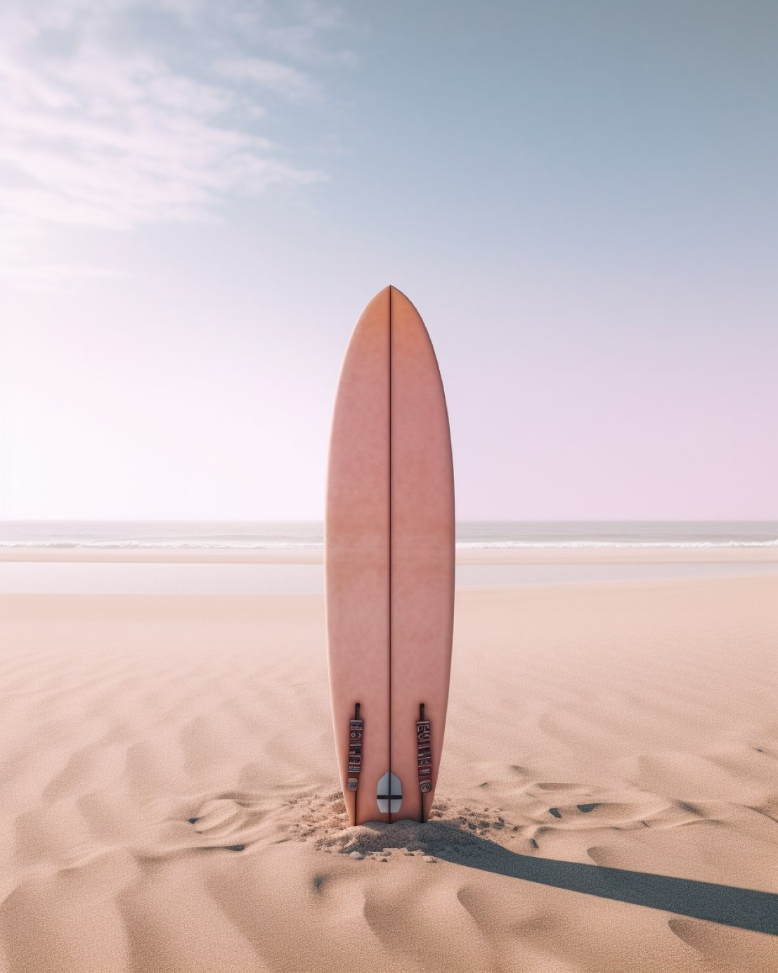 super closeup cinematic shot of shortboard standing upright in sand at beach, empty beach, minimalism, soft pink --ar 4:5