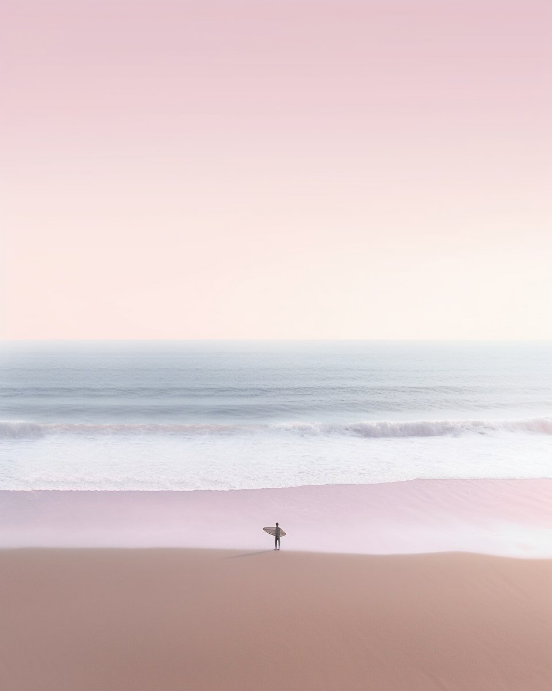 cinematic shot of distant surfer watching waves from beach, empty beach, minimalism, soft pink --ar 4:5