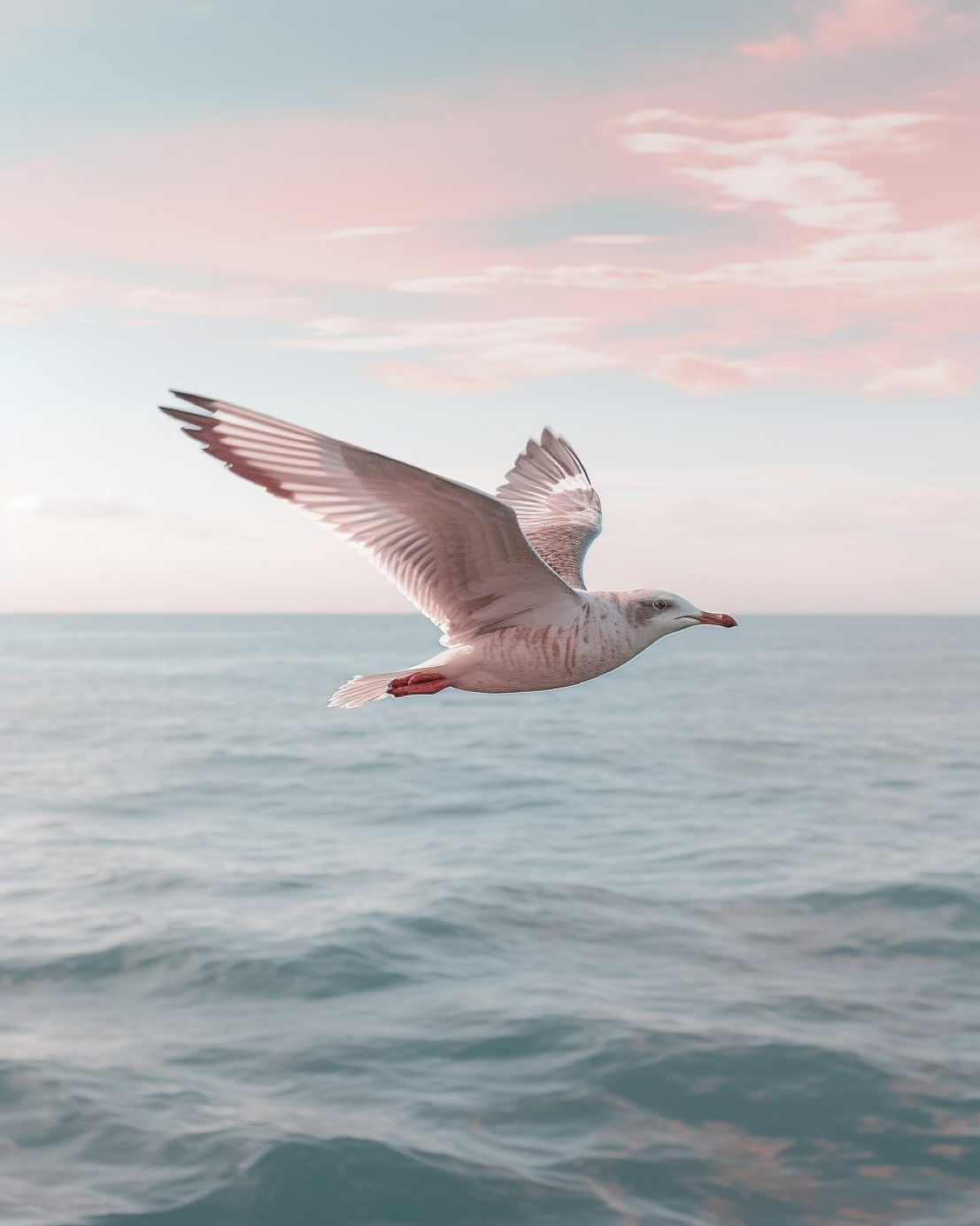 cinematic shot of seagull flying over ocean, minimalism, soft pink color grading, 35mm lens --ar 4:5