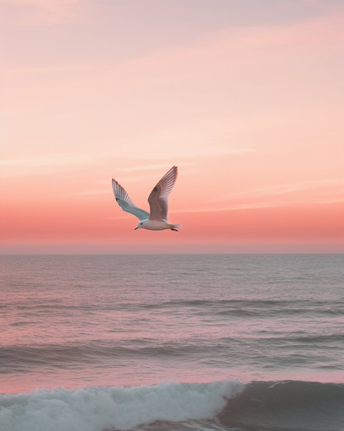 cinematic shot of seagull flying over ocean, minimalism, soft pink color grading, soft pink dusk, 35mm lens --ar 4:5