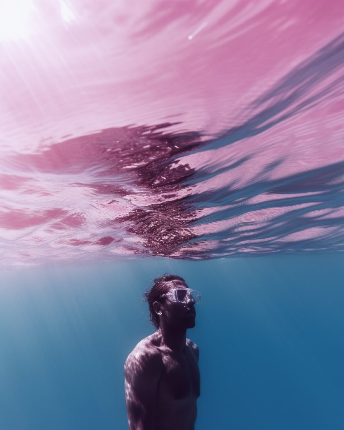 45-degree angle half-underwater cinematic shot of surfer, minimalism, soft pink, 35mm --ar 4:5