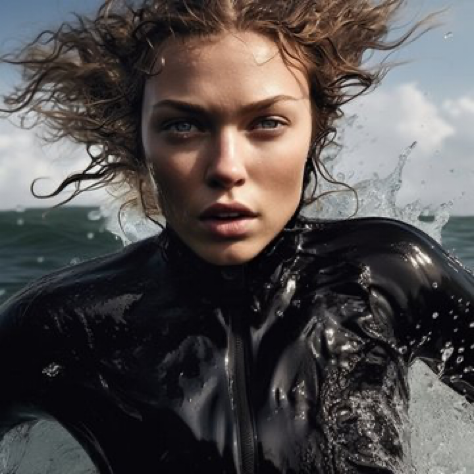 Realism by Joshua Oppenheimer, wavy scene of high fashion model in the middle of ocean, high detail, black wet suit...