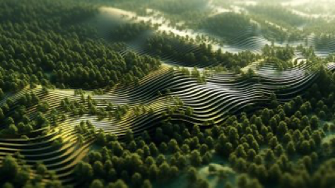 Forests surrounded by electro magnetic waves, digital, 3d projected waves, depth of fields, 3d, aerial view, abstract, Intricate wave designs,...