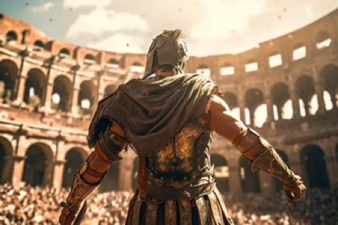 Epic scene in the Colosseum, showcasing a Roman warrior standing alone in the middle, arms spread wide welcoming the challenge...