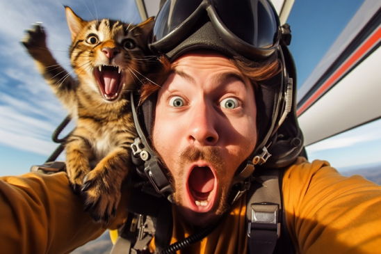 closeup, surprised, extreme sport, skydiving together with your cat --ar 3:2