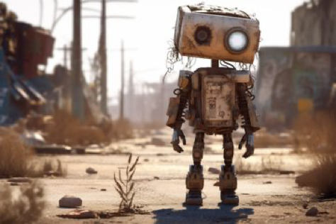 A post-apocalyptic sci-fi horror character, half-robot and half-human, roams the desolate wasteland in search of lost technology. The character&#039;s tattered...