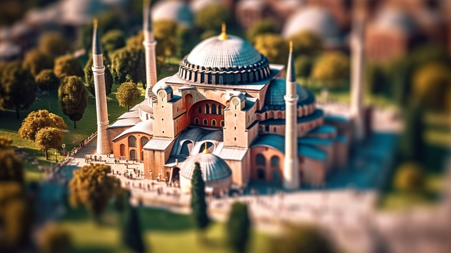 Tilt - shift photography, Hagia Sophia , summer time,Takumar 105mm f/ 2. 8 c 50, aerial view, sunny day, photo-realistic,...
