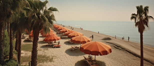 Beach umbrellas between palm trees in Italy, in the style of davide sorrenti, documentary travel photography, romantic depictions of historical...