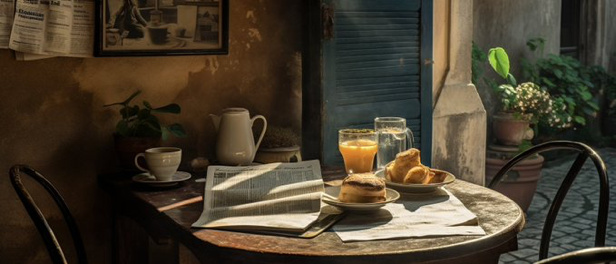 A small table with a newspaper and coffee, in the style of davide sorrenti, documentary travel photography, romantic depictions of...