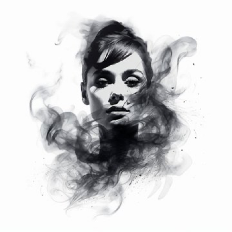 a Audrey Hepburn drawn in smoke is shown, in the style of abstract ink art, flowing silhouettes, polished metamorphosis, dark...
