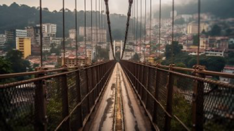 hanging bridge spans across the city buildings, mesmerizing snapshot, The long narrow suspension bridge, Nikon D850 with Nikkor 14-24mm f/2.8...