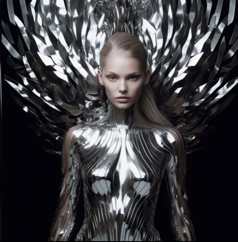**IMAGE: Futuristic Glamour | DESIGNER: Iris van Herpen | MOOD: Bold | SCENE: A model stands in front of a...