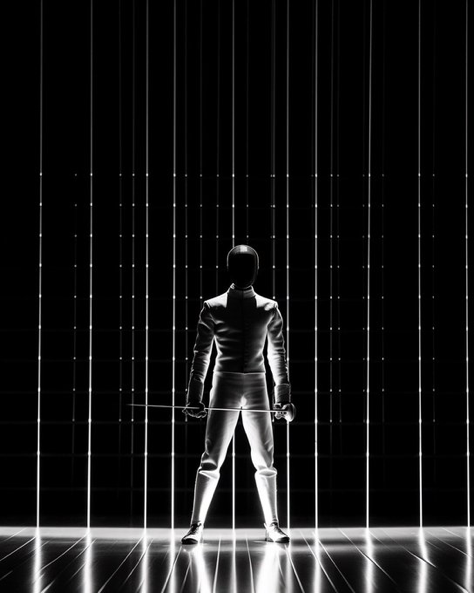 a black and white photo of a fencing player with arms in front of the sword., in the style of...