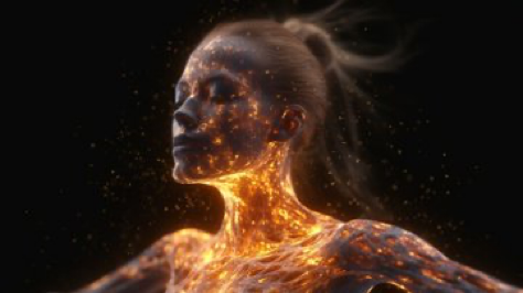 Particle-based cinematic visualization: female body. Millions of particles form fluid, natural movement. Dynamic forces, constraints, physics simulations refine positions. Stunning...