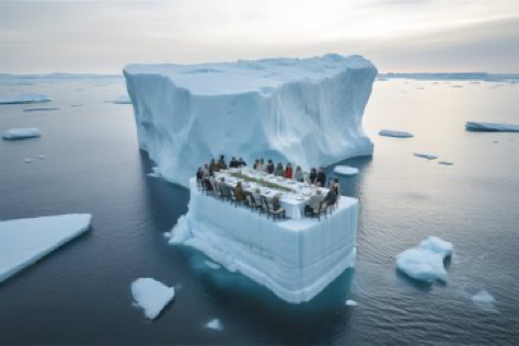 A fancy dinner on a floating iceberg, shot on DJI Mavic 3, extreme environment, serene and surreal experience. --ar 3:2