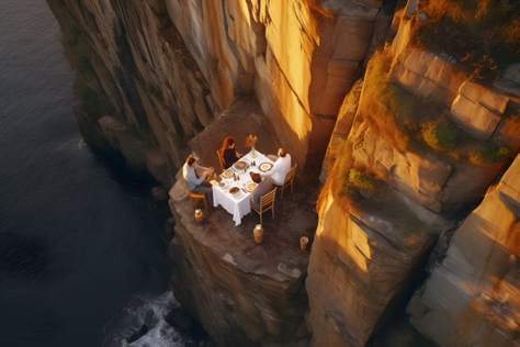 A fancy dinner on a steep dangerous cliff, shot on DJI Mavic3, extreme environment, serene and surreal experience. --ar 3:2