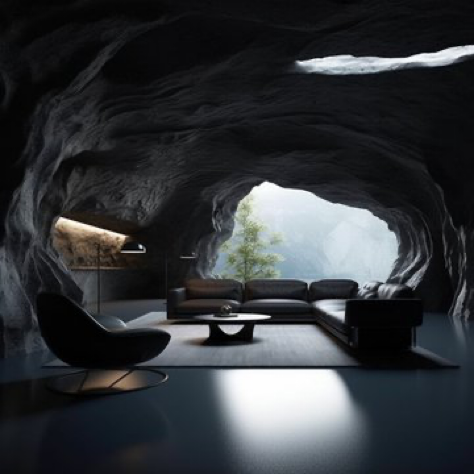 inside a modern black smooth stone cave, furniture, organic, smooth shading, desert, daylight, bright colors, hyper realistic, modern, surreal, lights,...
